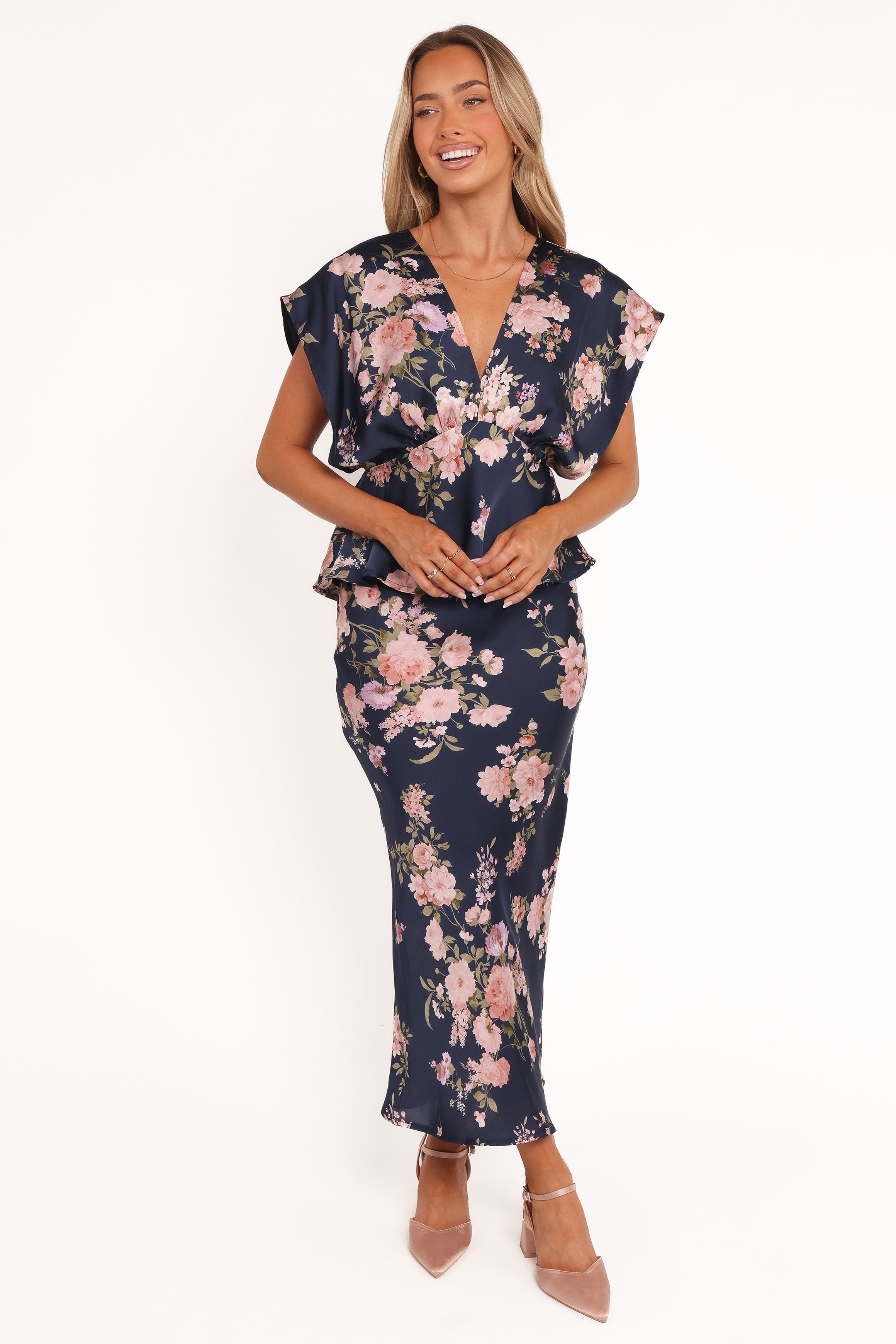 Kenna Satin Midi Skirt - Navy Floral