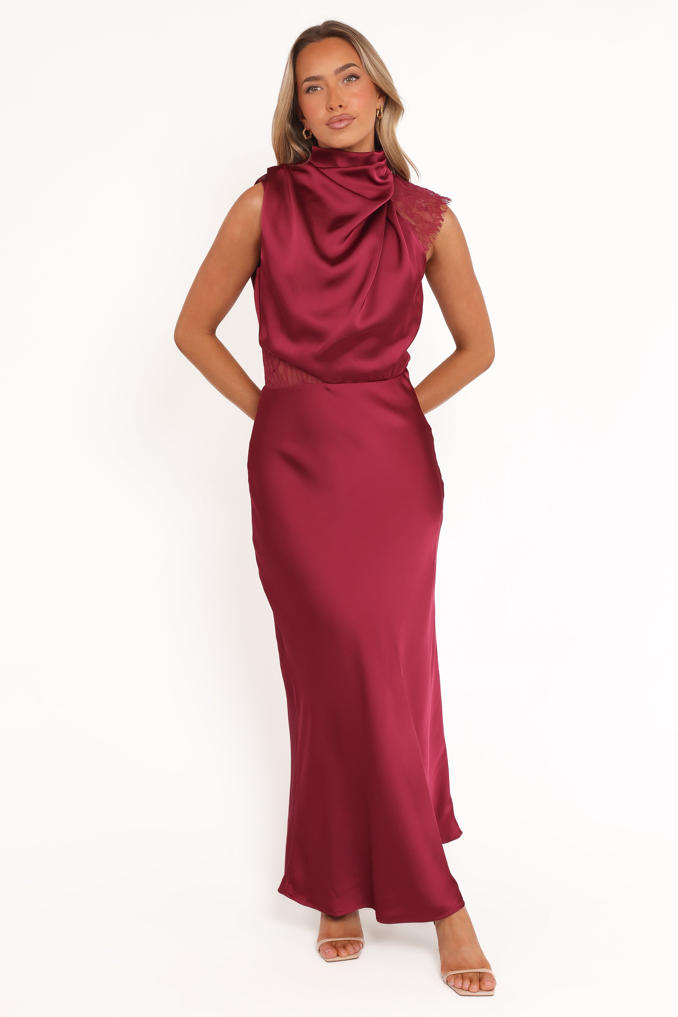 Anabelle Halter Neck Lace Maxi Dress - Berry