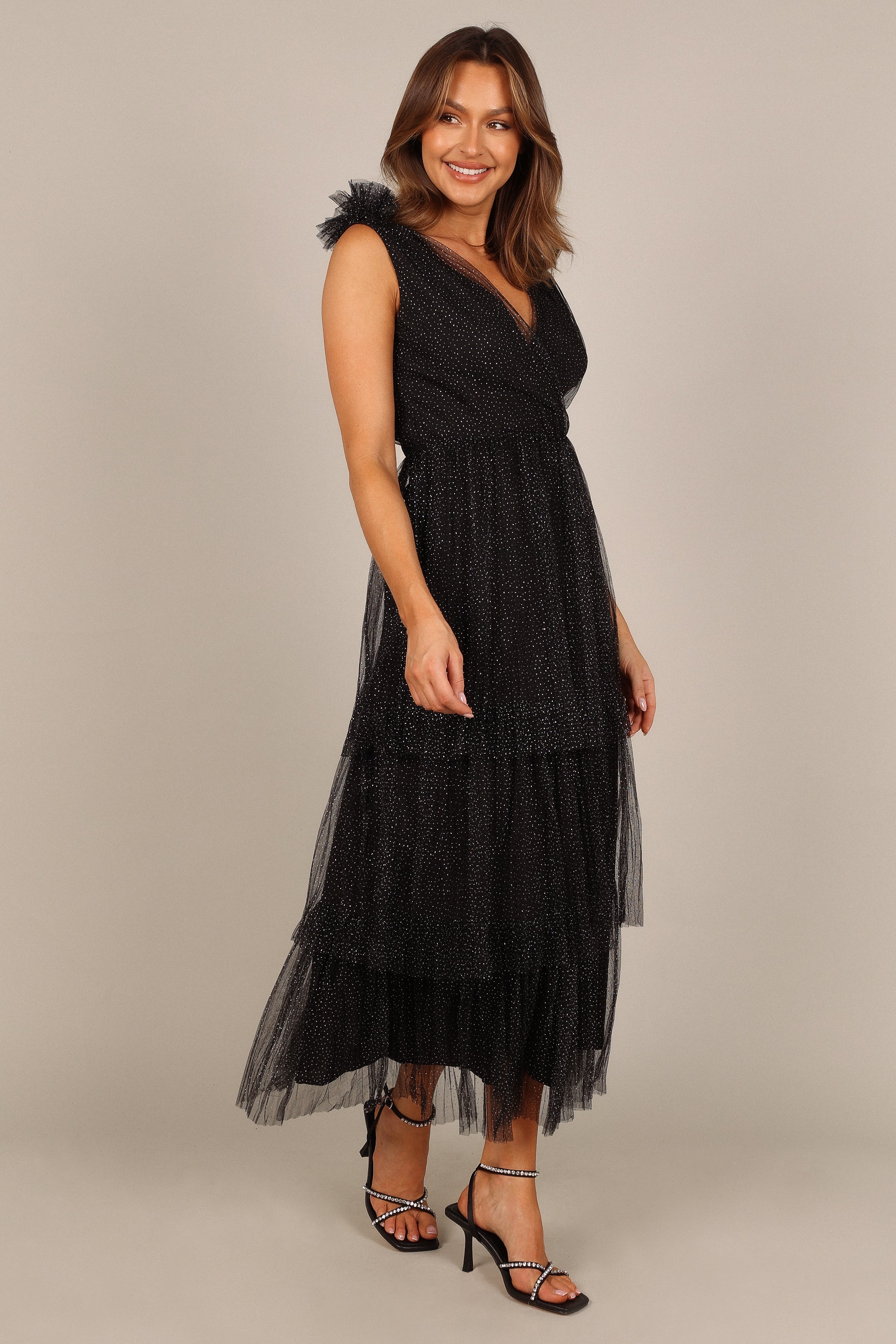 Asteria Tulle Tiered Maxi Dress - Black Sparkle