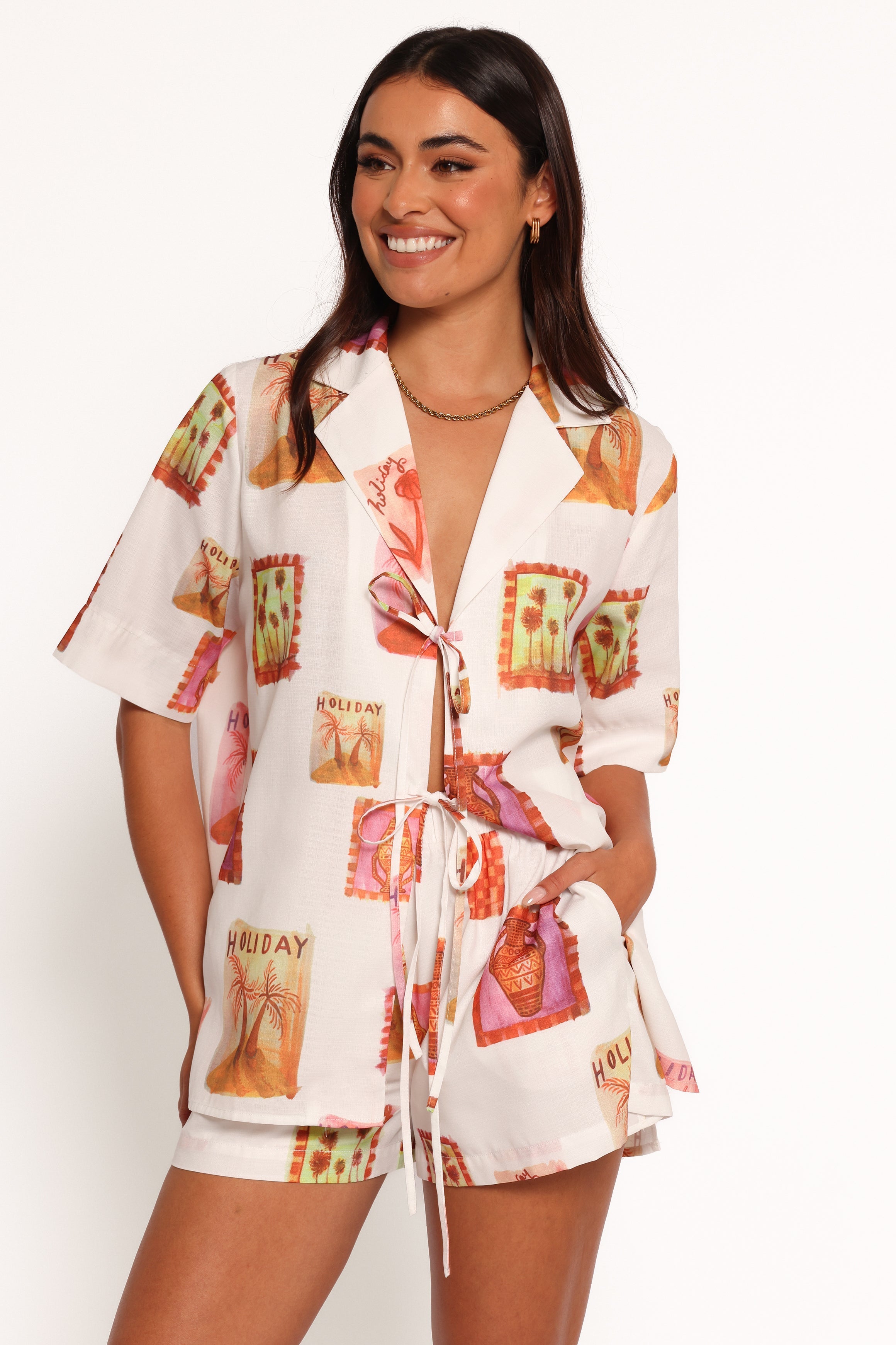 Aaliyah Tie Front Top - White Multi