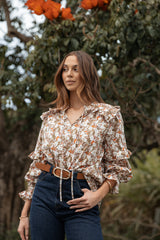 Selmah Long Sleeve Top - Cream Olive Orange